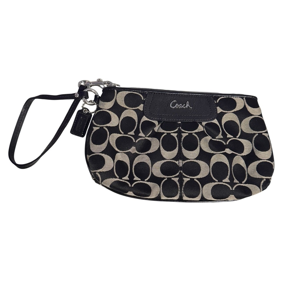 Coach Signature C Monogram Wristlet Black Grey Canvas Leather Zip Clutch‎ Bag
